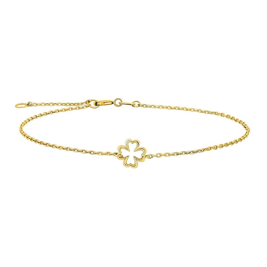 Siersbøl armbånd i 8 kt guld med kløvervedhæng, justerbar længde 16,5–18,5 cm.